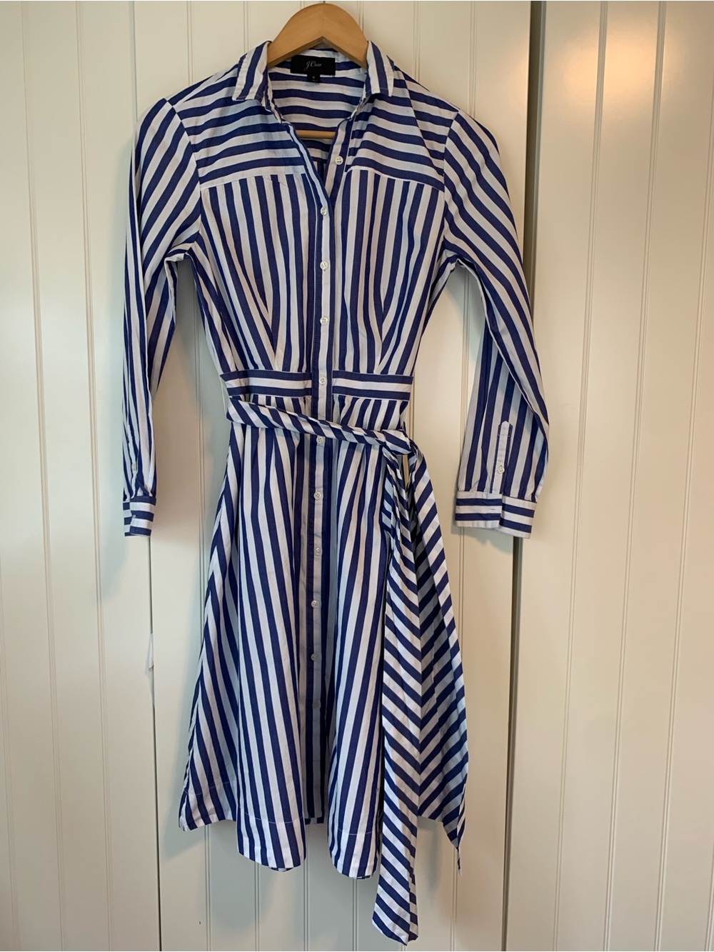 J. Crew Blue and White Striped Long Sleeve Shirt Dress with Tie Waist